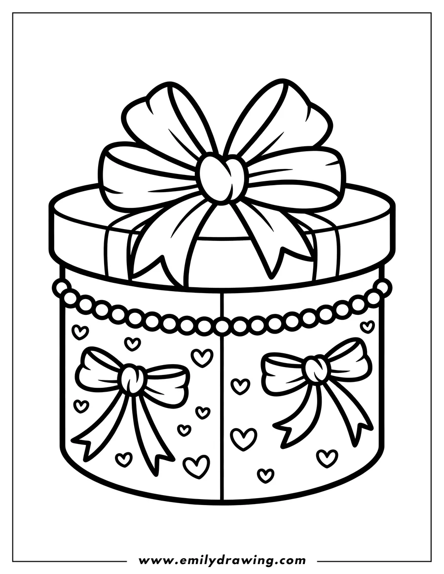 Outline of a round gift box decorated with a large bow on top, smaller bows, a beaded strand, and scattered hearts.
