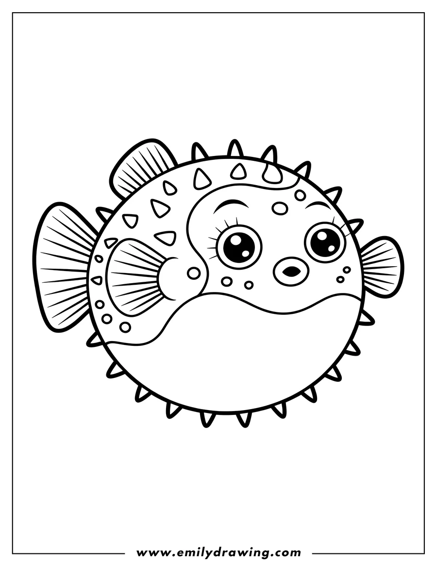 Outline of a round pufferfish with small spikes and large, surprised eyes.