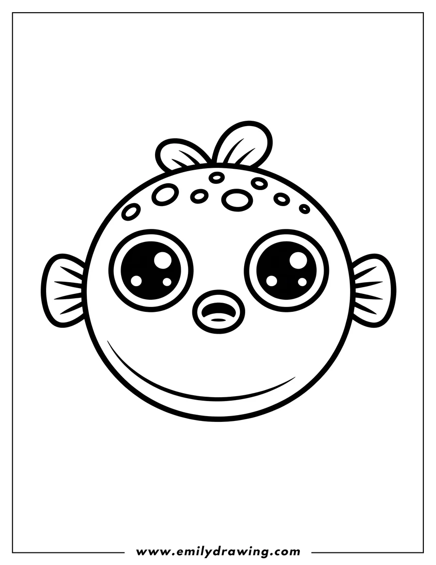 Outline of a round pufferfish with a smiling face, large eyes, small fins, and spots on its body.