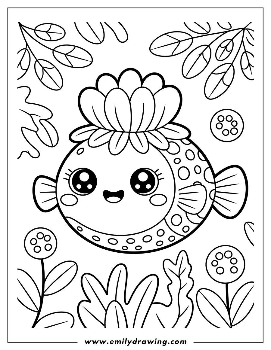 Outline of a round pufferfish swimming among stylized flowers and leaves.