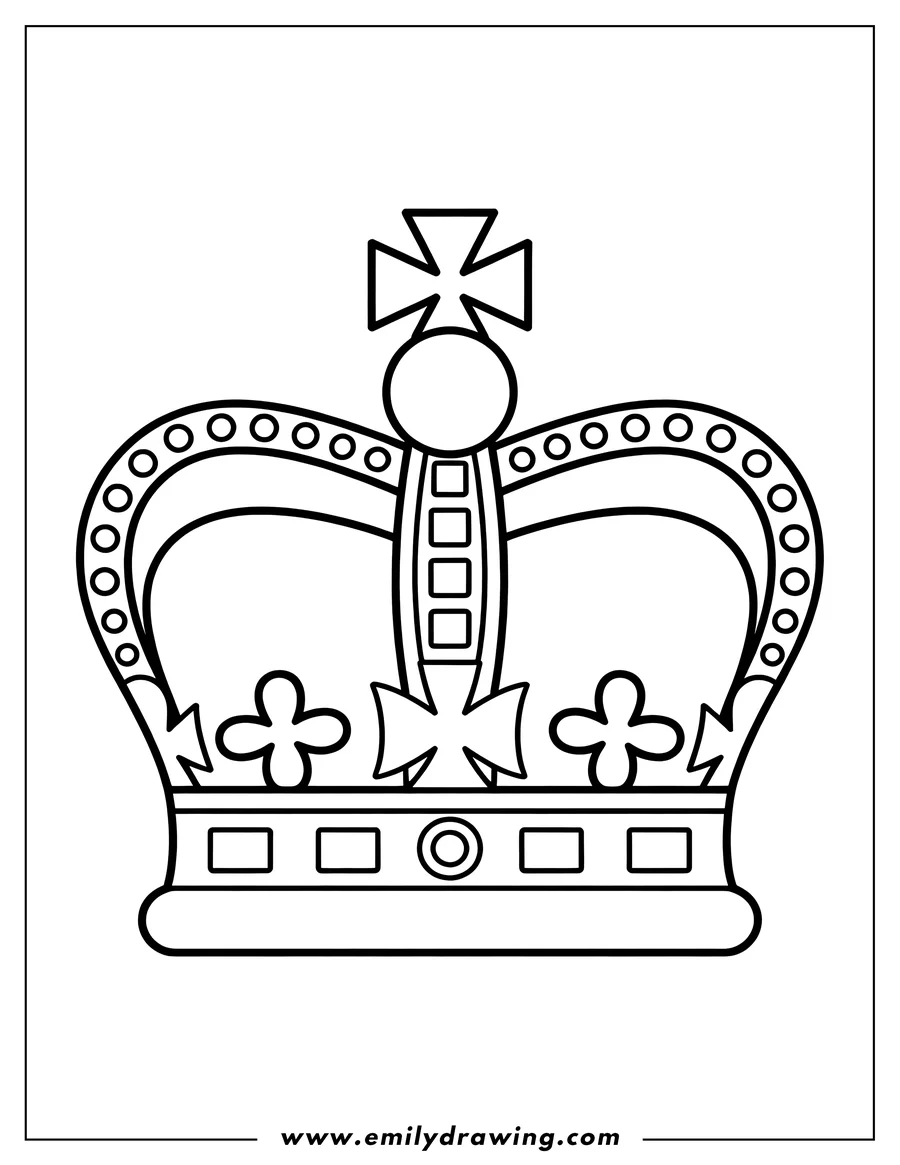 Simple line art of a royal crown, featuring crosses, circles, and fleur-de-lis details.