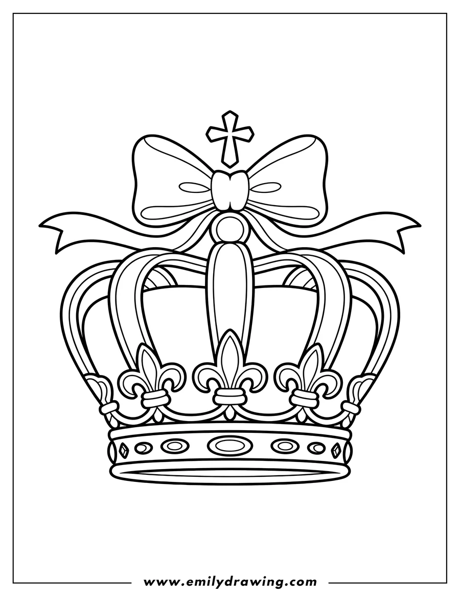 Line art of a royal crown, adorned with a cross and a ribbon tied in a bow. The crown features fleur-de-lis and circular jewels.