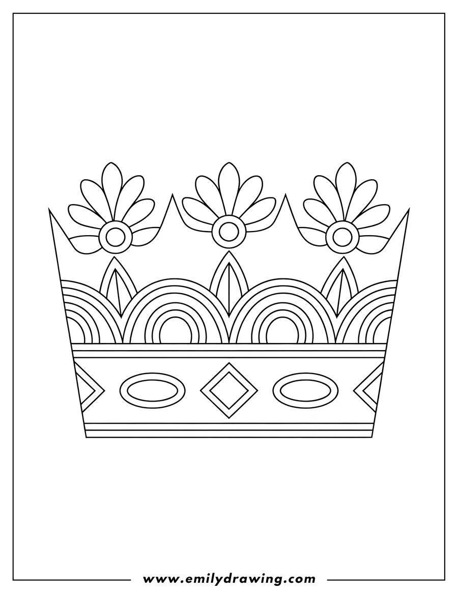 Simple outline of a royal crown, decorated with three stylized flowers on top and geometric patterns along the band.