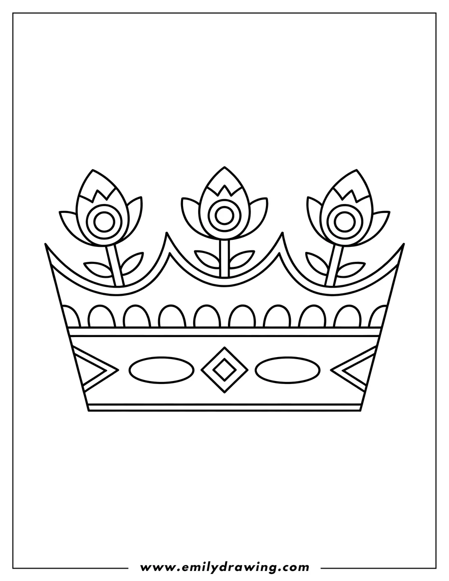 Outline of a royal crown decorated with three stylized flowers. The crown has decorative elements and a simple, bold design suitable for coloring.