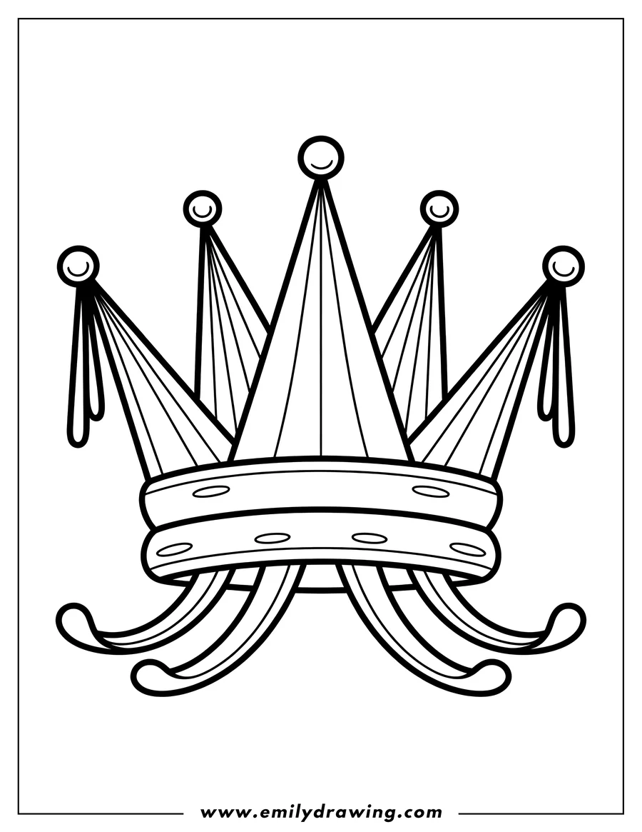 Line art of a royal crown with ribbons and decorative circles. Perfect for coloring!