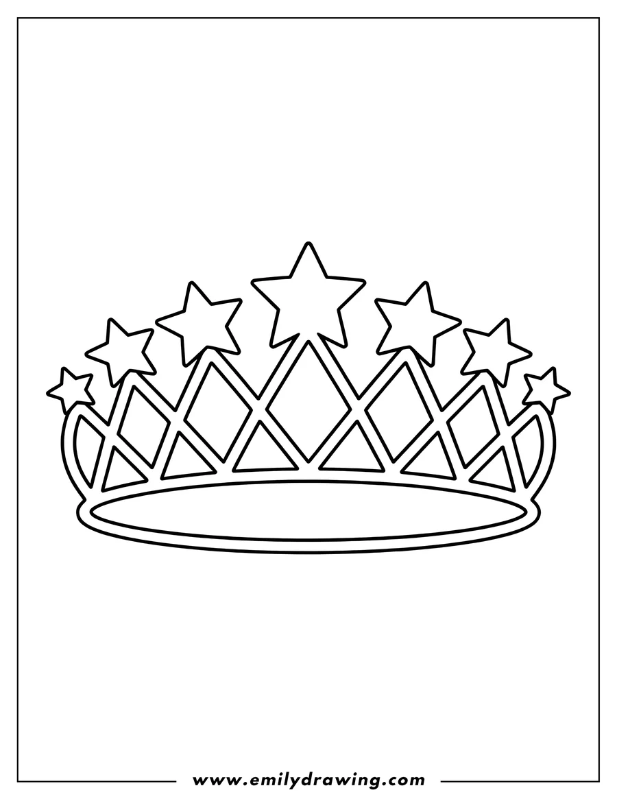 Line art of a simple crown with star-shaped points, ready for coloring.