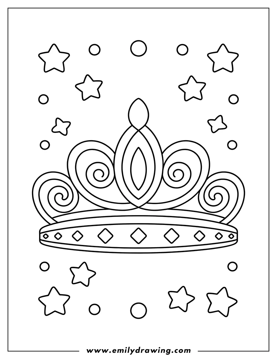 Outline of a royal crown with decorative swirls and diamonds, surrounded by stars and circles.