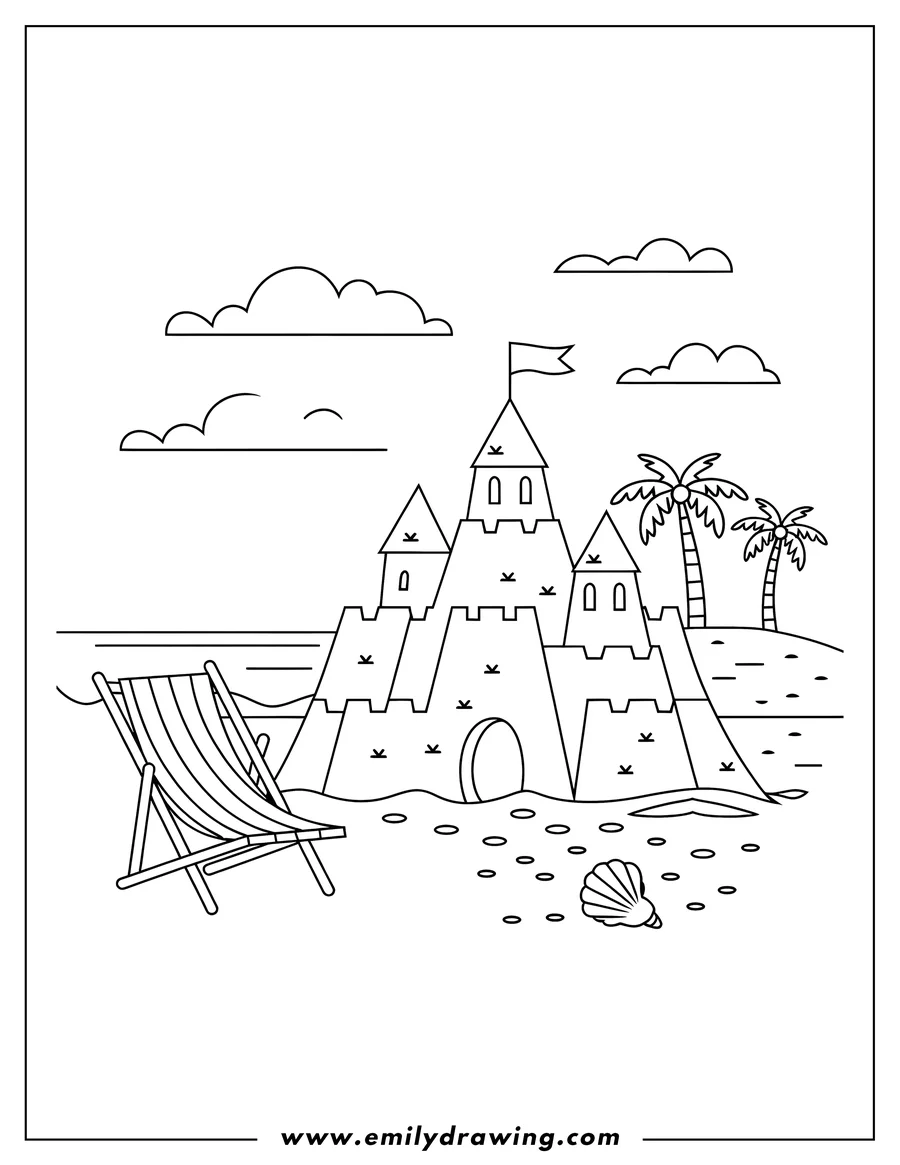 Line art of a detailed sandcastle on a beach with palm trees, a beach chair, and a seashell.