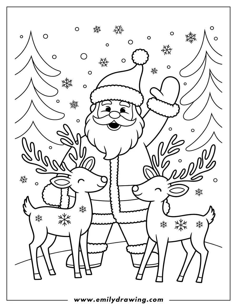 Outline of Santa Claus with two reindeer in a snowy forest, festive Christmas scene.