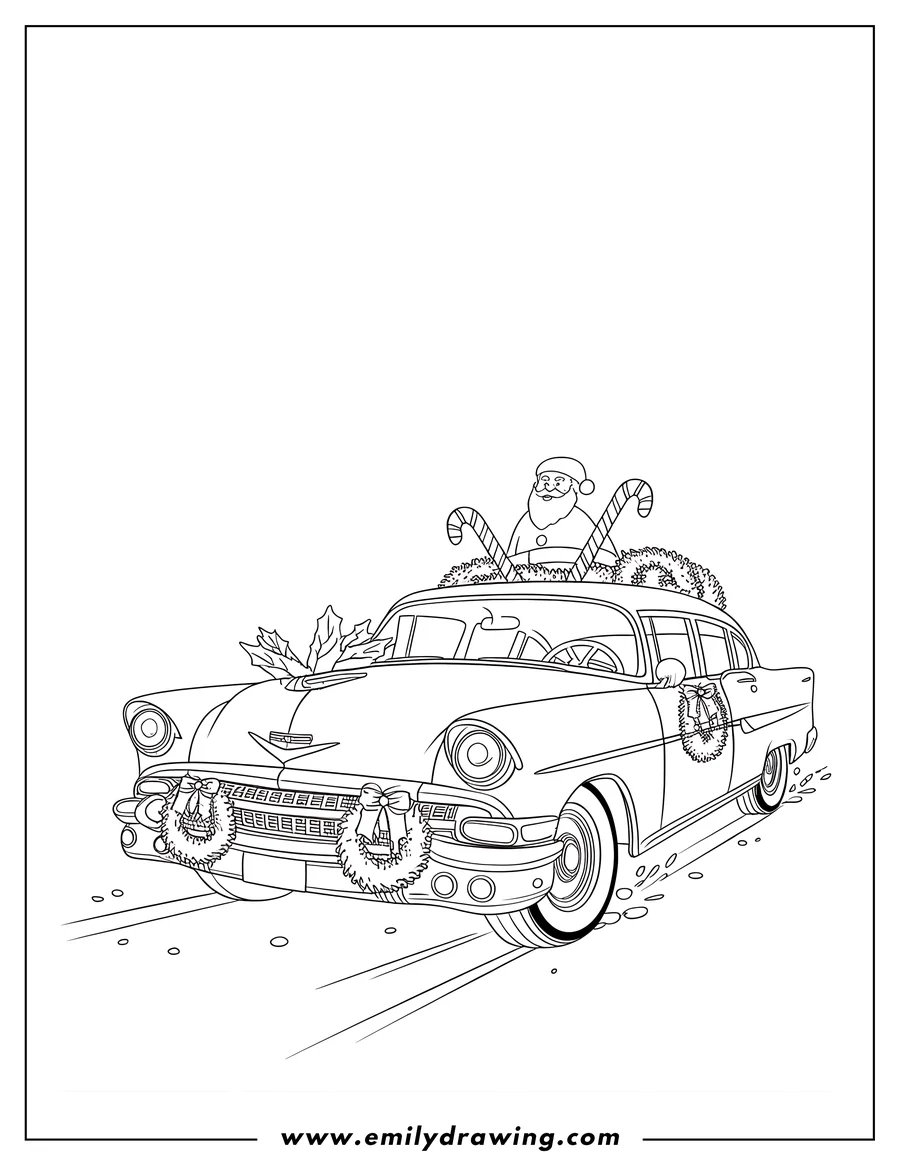 Line art of Santa Claus driving a classic car decorated with Christmas wreaths, candy canes, and ribbons.