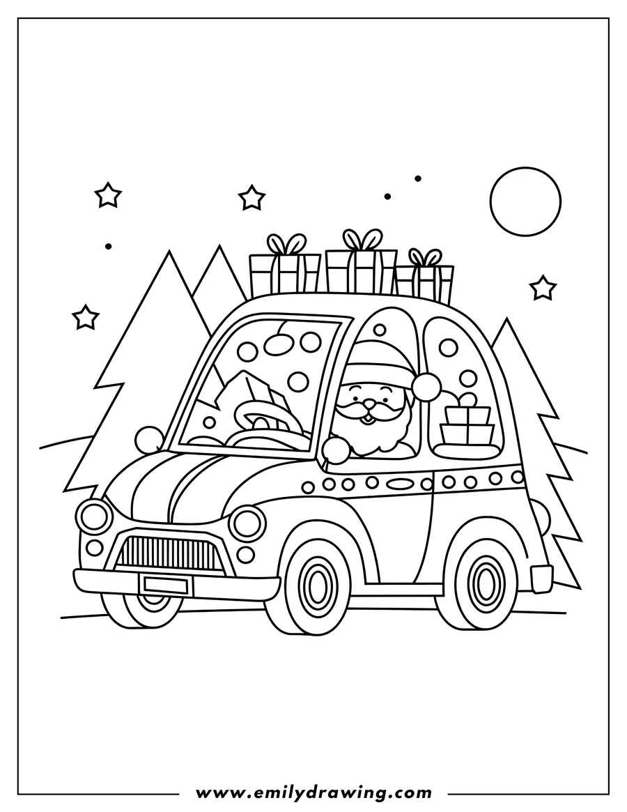 Outline of Santa Claus driving a car with presents on the roof and a Christmas tree in the back. Stars and a full moon shine above the winter landscape.