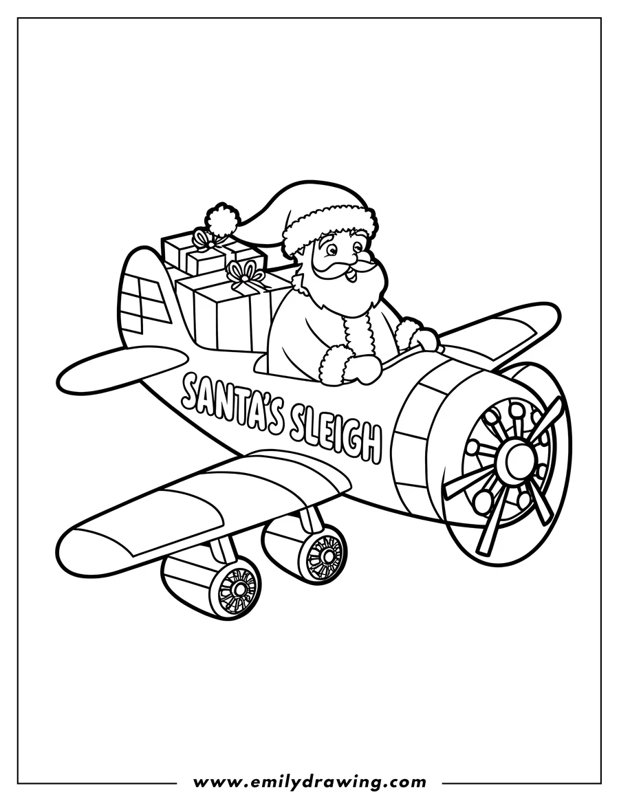 Line art of Santa Claus piloting a plane loaded with gifts.