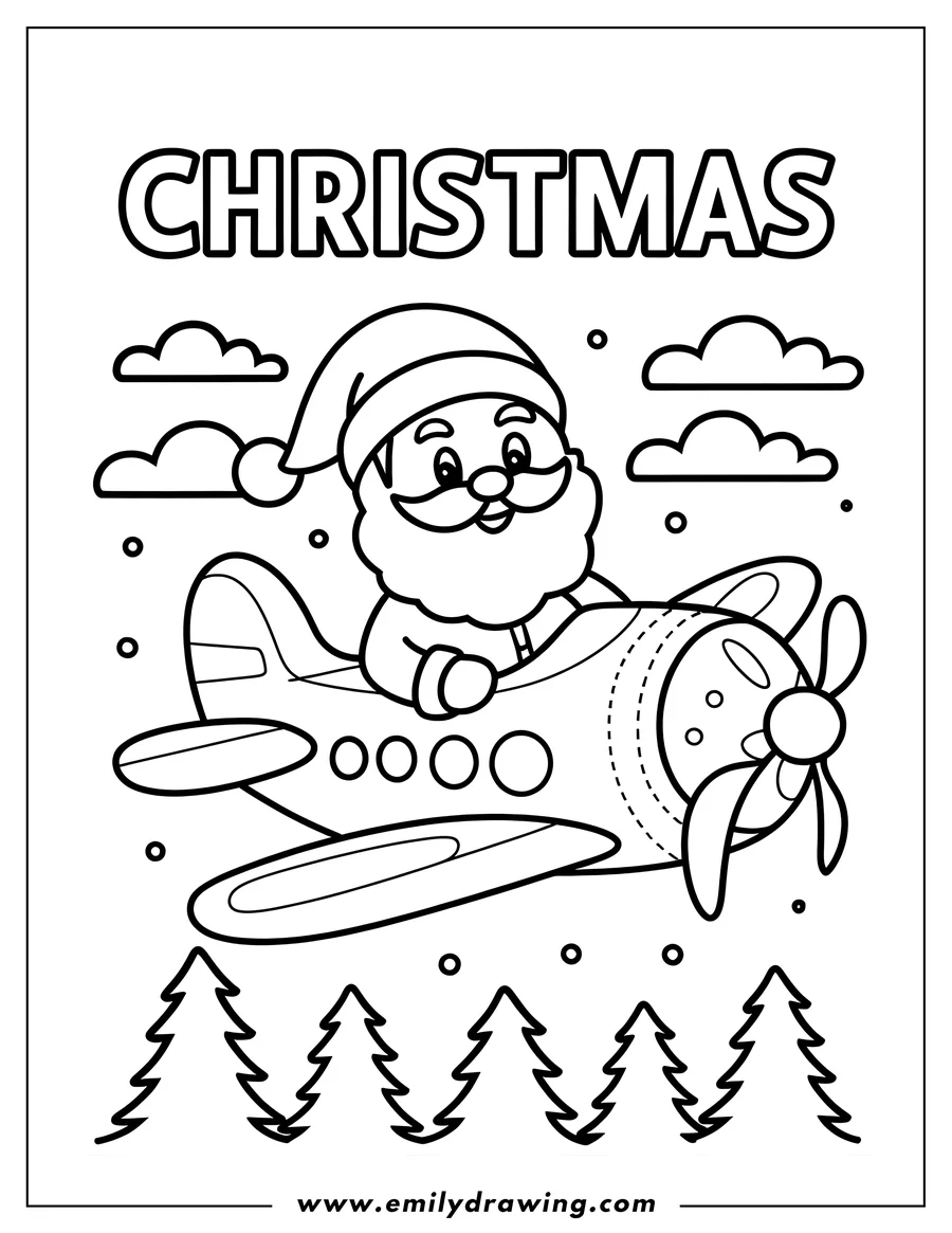 Santa Claus piloting a propeller plane above a snowy forest