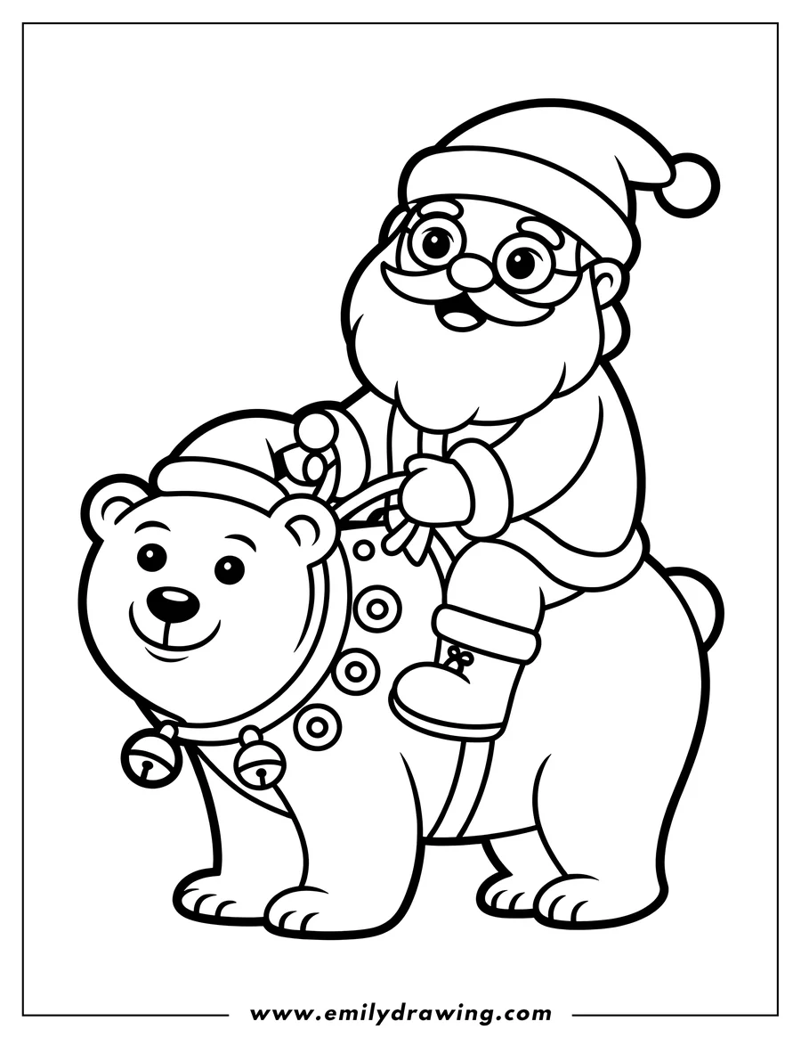 Outline of Santa Claus riding a polar bear with bells and wearing a festive hat.