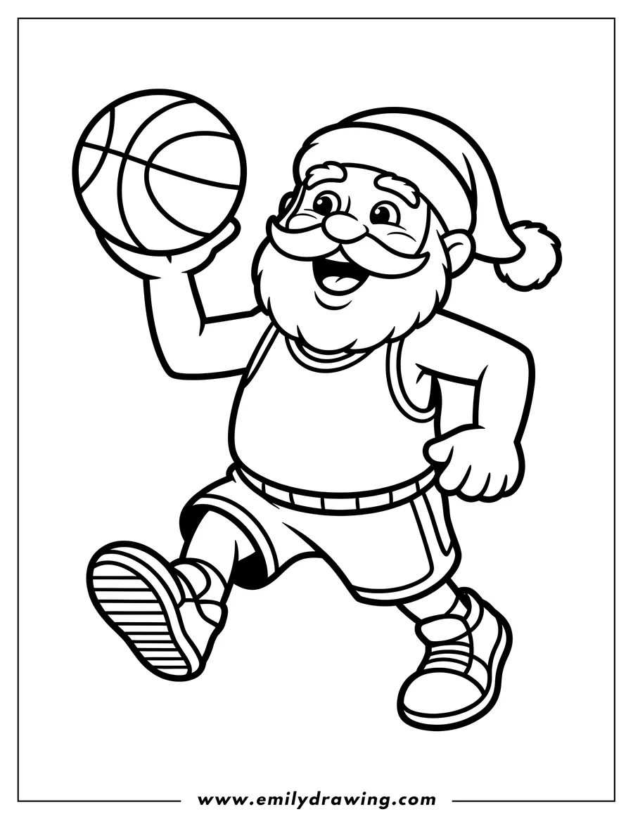 Line art of Santa Claus dribbling a basketball while wearing a Santa hat and basketball uniform.