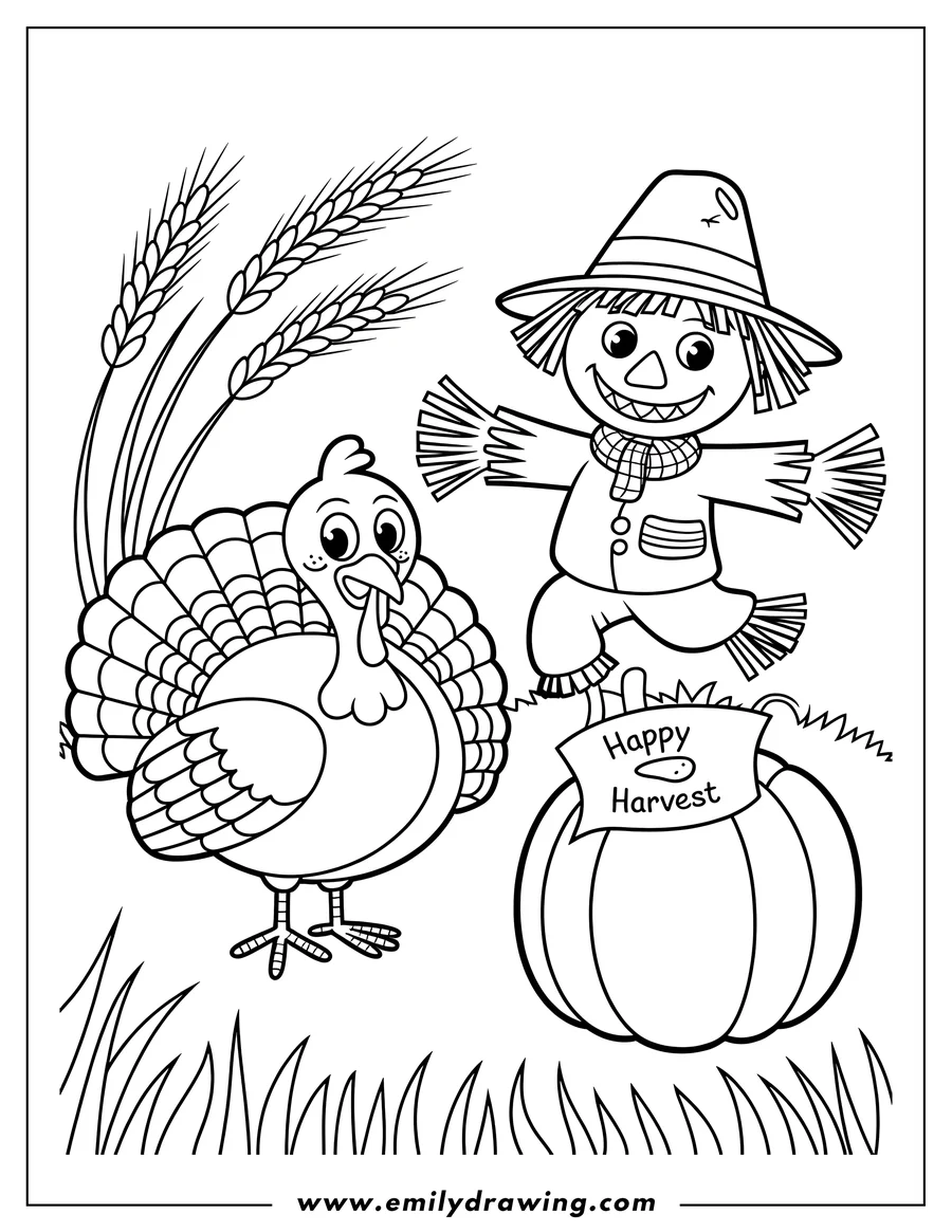 Outline of a scarecrow standing on a pumpkin with a sign reading