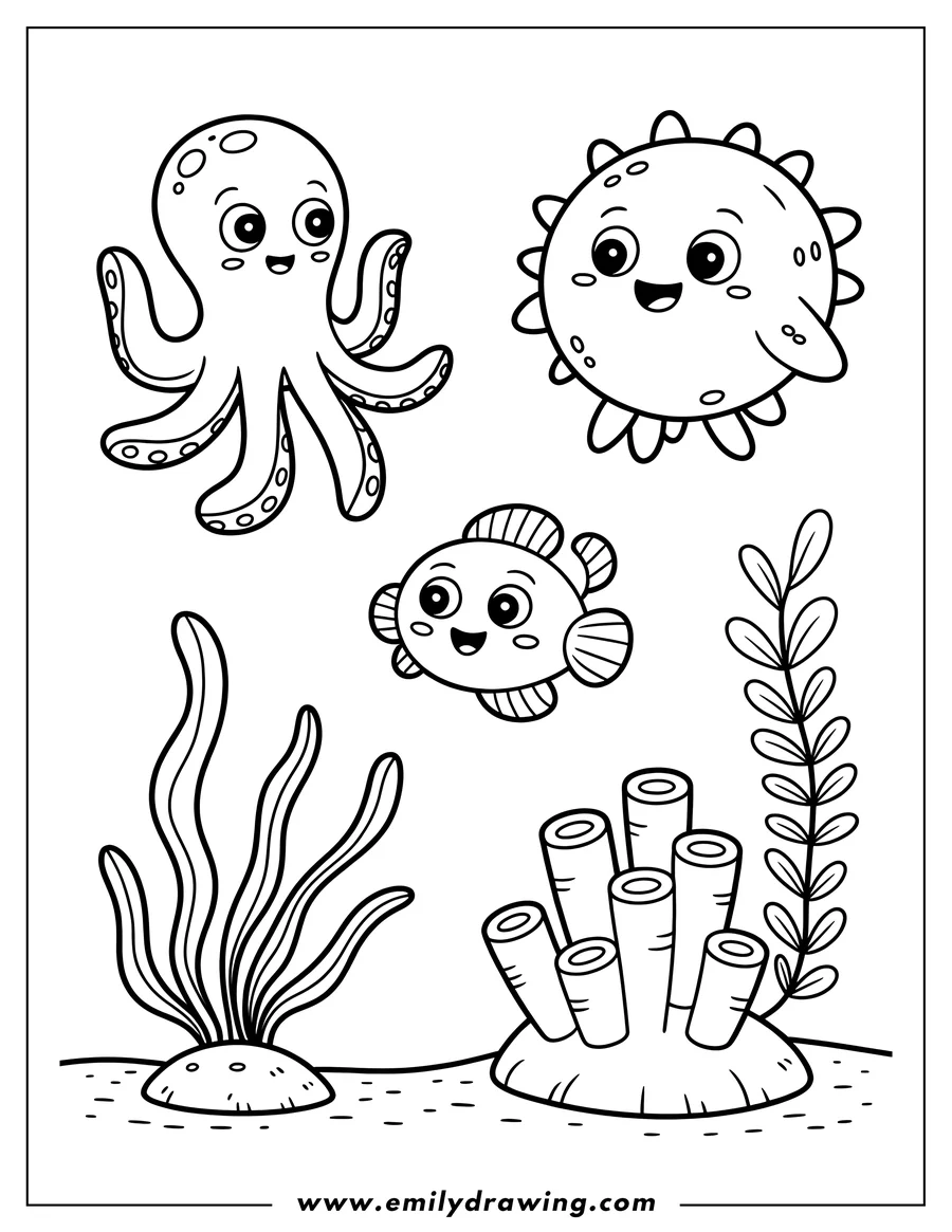 Line art of a smiling octopus, pufferfish, and sun, along with coral, seaweed, and the ocean floor.