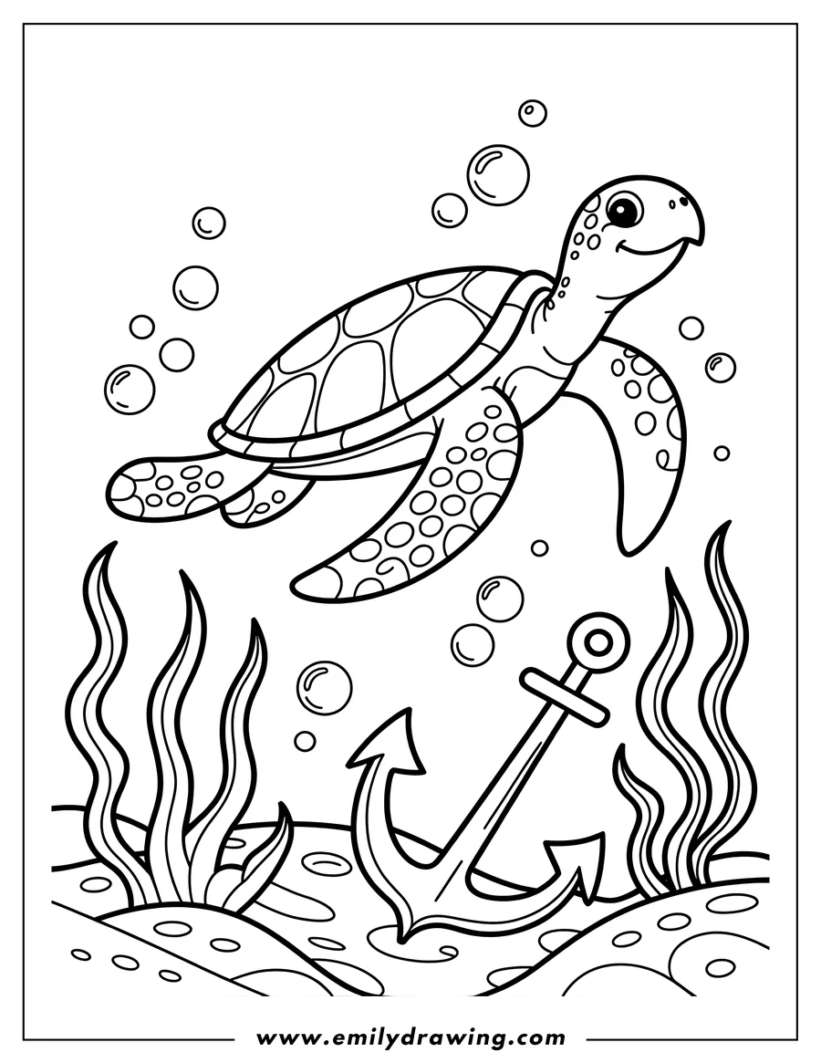 Outline of a sea turtle swimming above an anchor on the ocean floor with seaweed and bubbles.