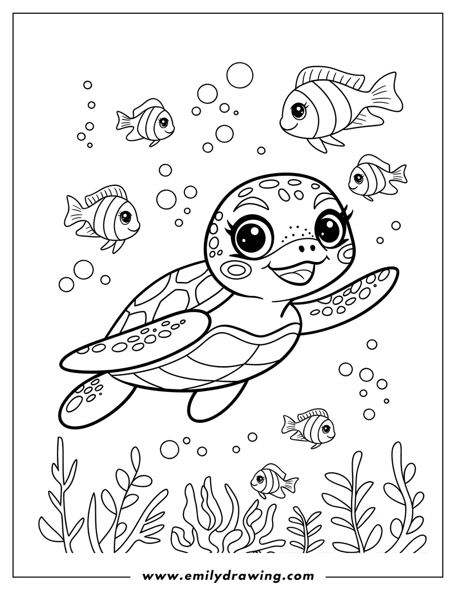 Line art of a sea turtle swimming underwater with several small fish and seaweed.