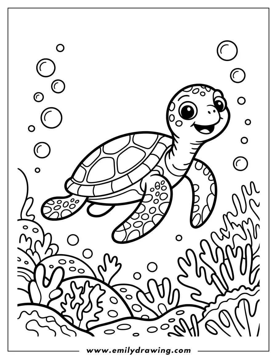 Line art of a happy sea turtle swimming above a coral reef with bubbles floating around it.