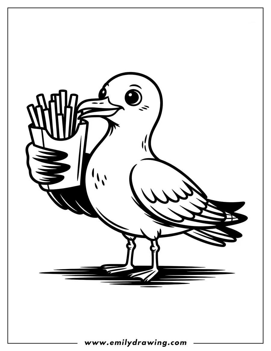 Line art of a seagull holding a carton of french fries. The seagull looks happy to have a snack.