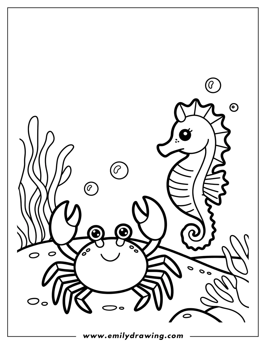 Outline of a seahorse and a crab underwater with seaweed and bubbles.