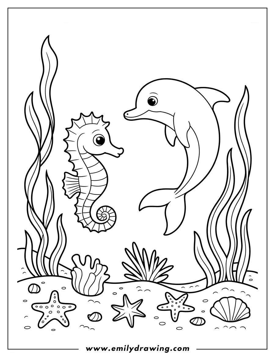 Line art of a seahorse and a dolphin underwater, near coral, seaweed, shells, and starfish on the seabed.