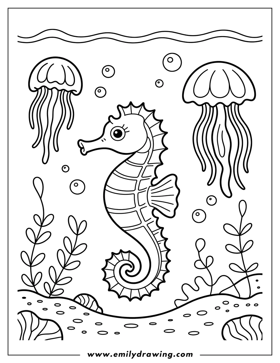 Line art of a seahorse with two jellyfish, seaweed, and bubbles in the ocean.