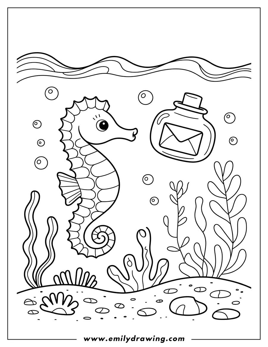 Line art of a seahorse looking at a message in a bottle underwater. Seaweed and rocks on the seabed create a simple ocean scene.