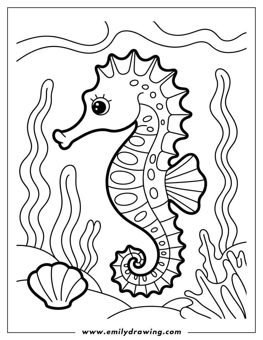 Line art of a seahorse with a seashell at the bottom left and seaweed surrounding it.