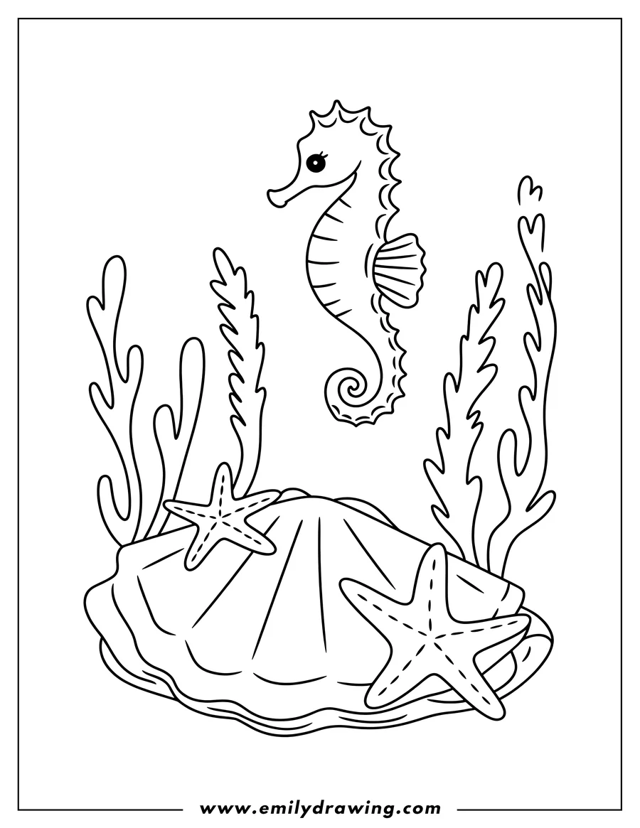 Line art of a seahorse swimming above a large clam shell with two starfish and seaweed.