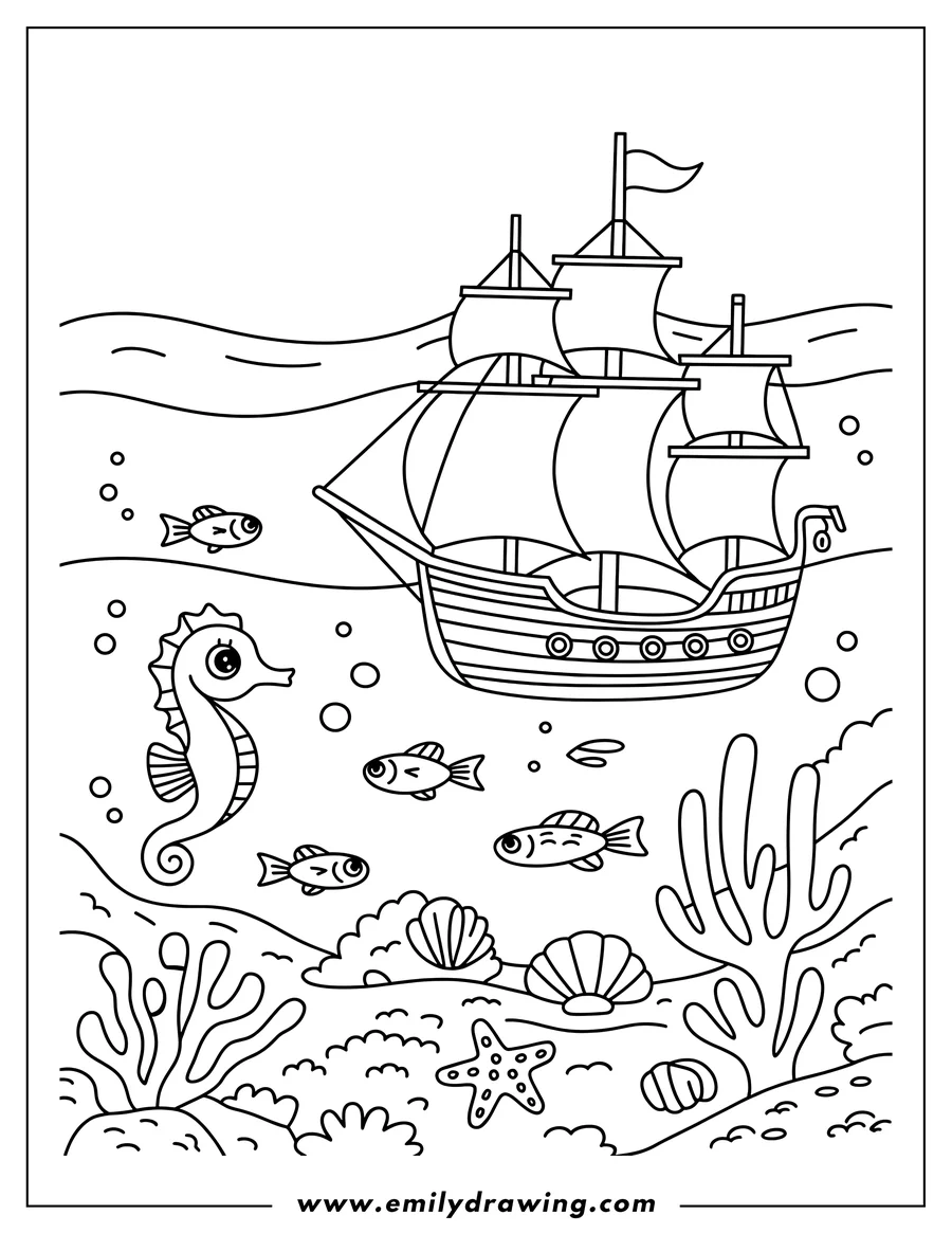 Outline of a seahorse underwater near a sailing ship, small fish, seashells, and coral.