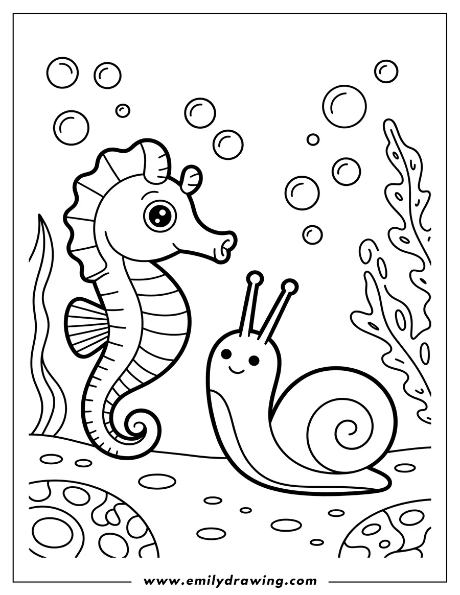 Line art of a seahorse and snail underwater with bubbles and seaweed.
