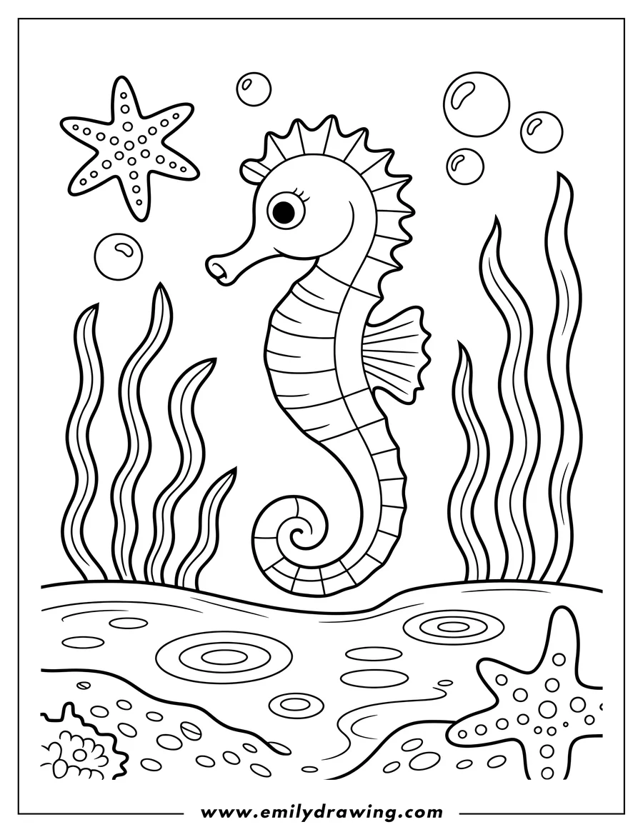 Outline of a seahorse swimming near starfish and seaweed on the seabed.
