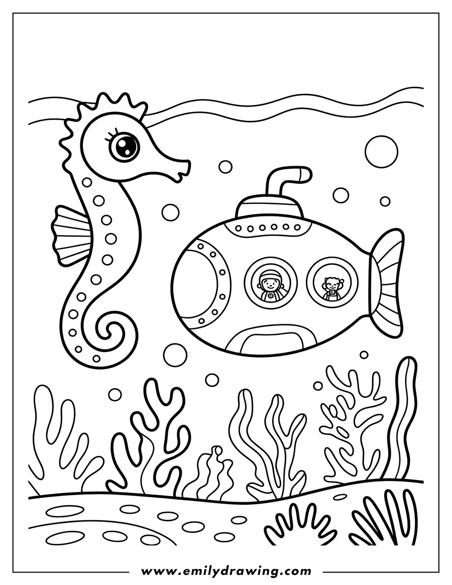 Line art of a seahorse and a submarine with two children inside wearing spacesuits, set in an underwater scene with seaweed and bubbles.