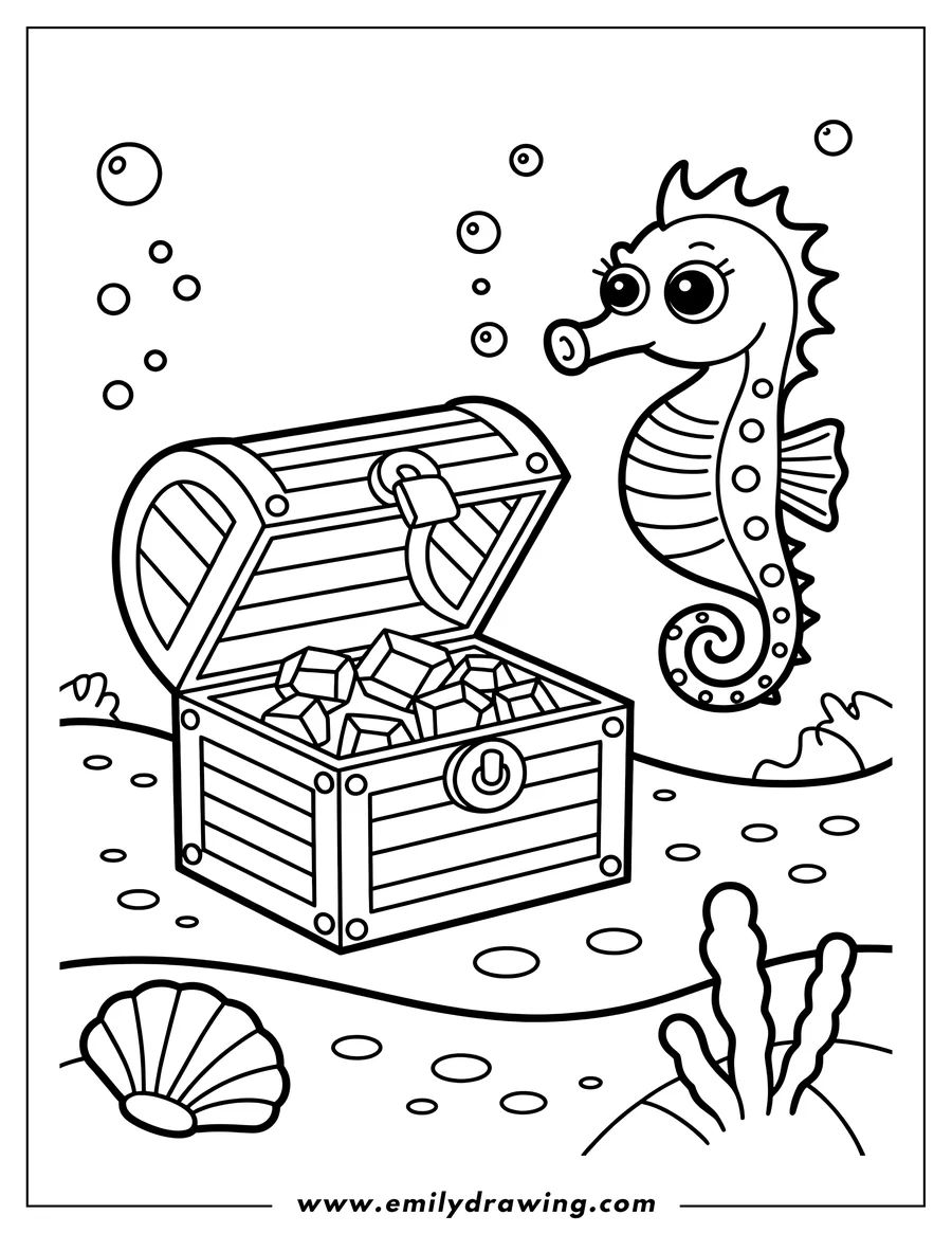Line art of a seahorse next to an open treasure chest filled with gems on the ocean floor, with bubbles floating around and a seashell nearby.