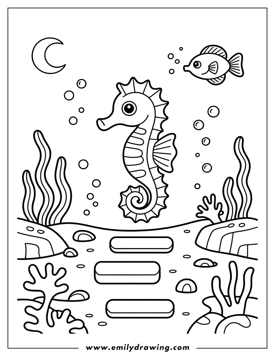 Line art of a seahorse at night, with a small fish, seaweed, and bubbles.