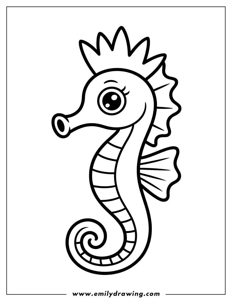 Line art of a seahorse with a curled tail and a spiky mane.