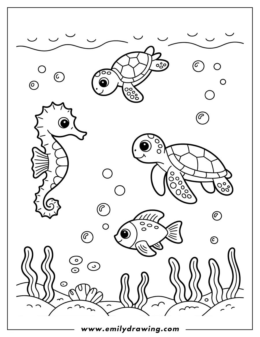 Outline of a seahorse, two turtles, and a fish swimming underwater amongst some seaweed and bubbles.