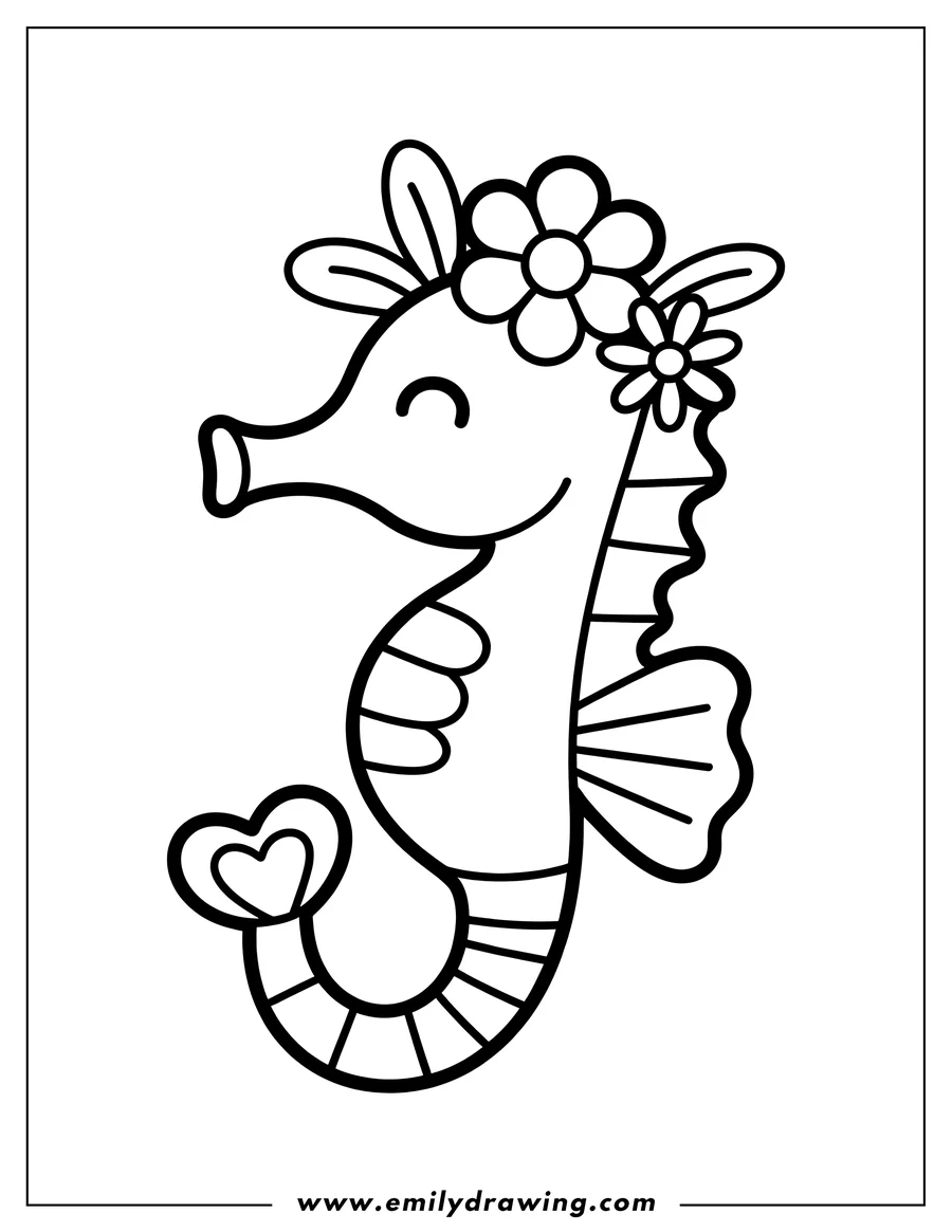 Line art of a seahorse with flowers on its head and a heart-shaped tail.