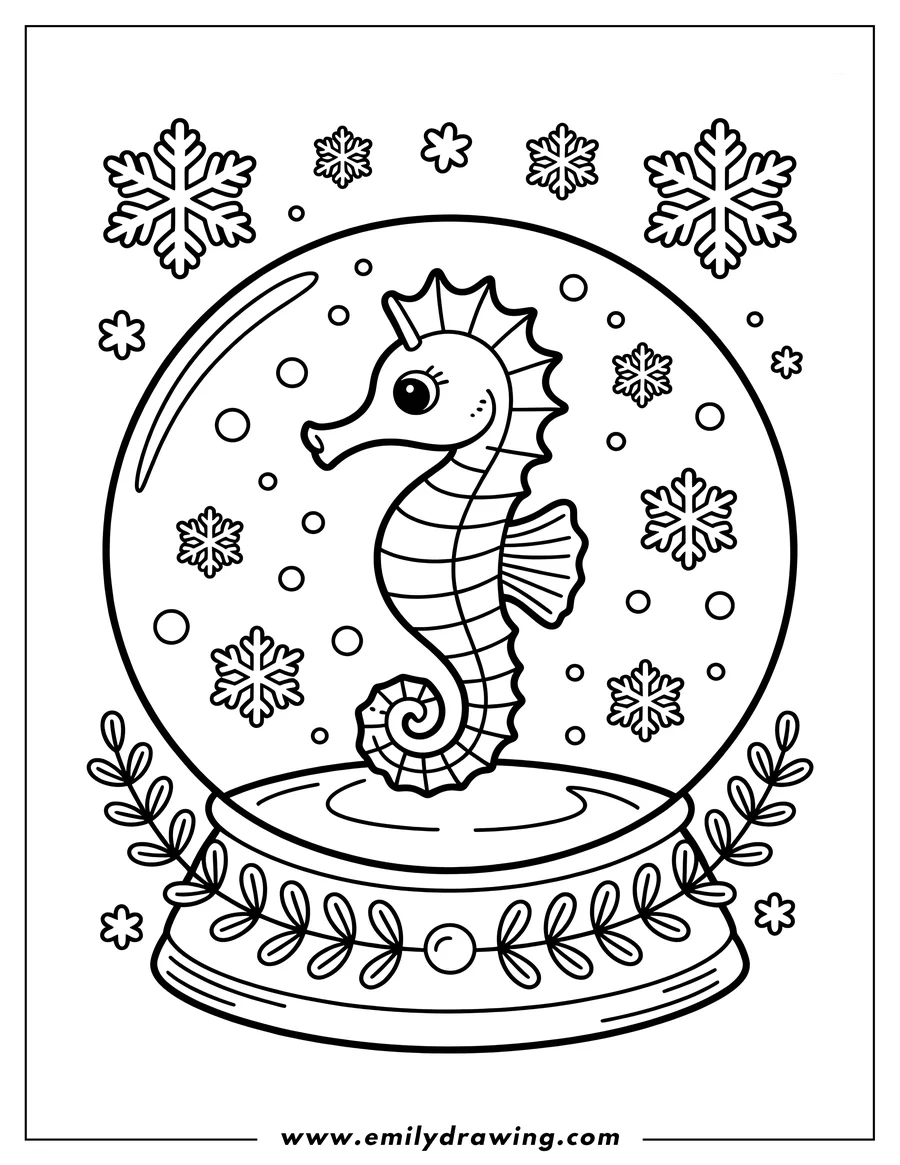 Outline of a seahorse inside a snow globe surrounded by snowflakes.