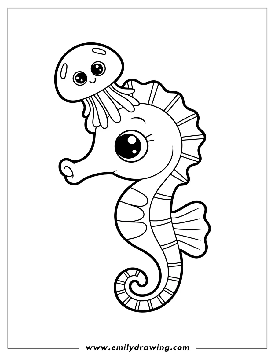 Outline of a seahorse with a friendly jellyfish perched on its head.