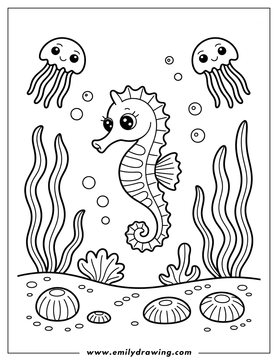 Line art of a seahorse swimming among seaweed and jellyfish. Two friendly jellyfish float above, while sea urchins and coral rest on the seabed below.