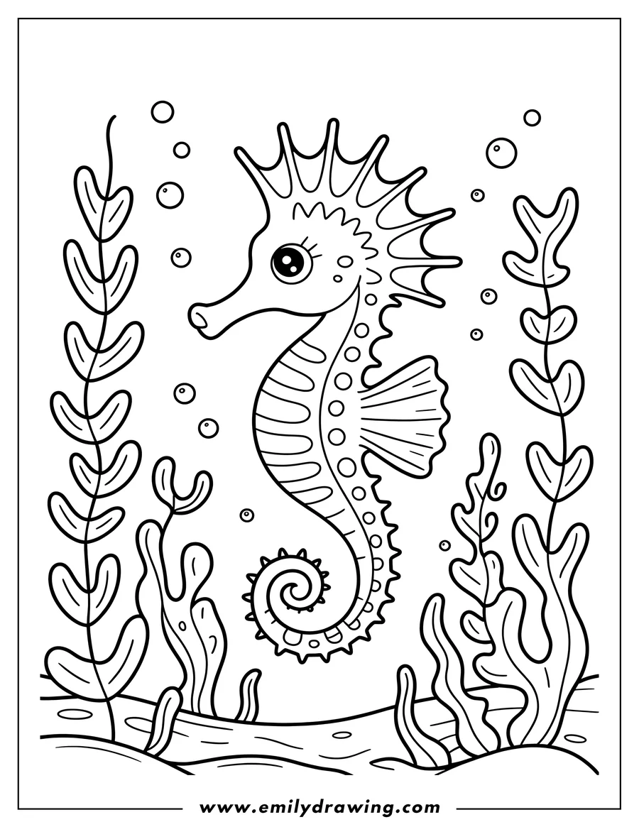 Outline of a seahorse with a curly tail and spiky mane in a kelp forest.
