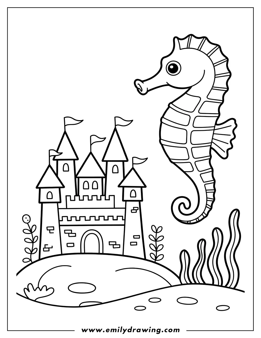 Outline of a seahorse swimming near a castle with flags on the seabed.