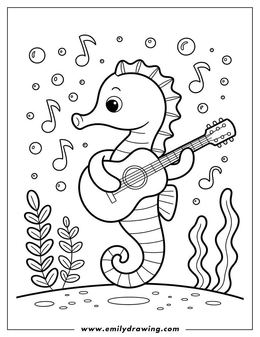 Line art of a seahorse playing a guitar on the ocean floor, surrounded by seaweed and musical notes.