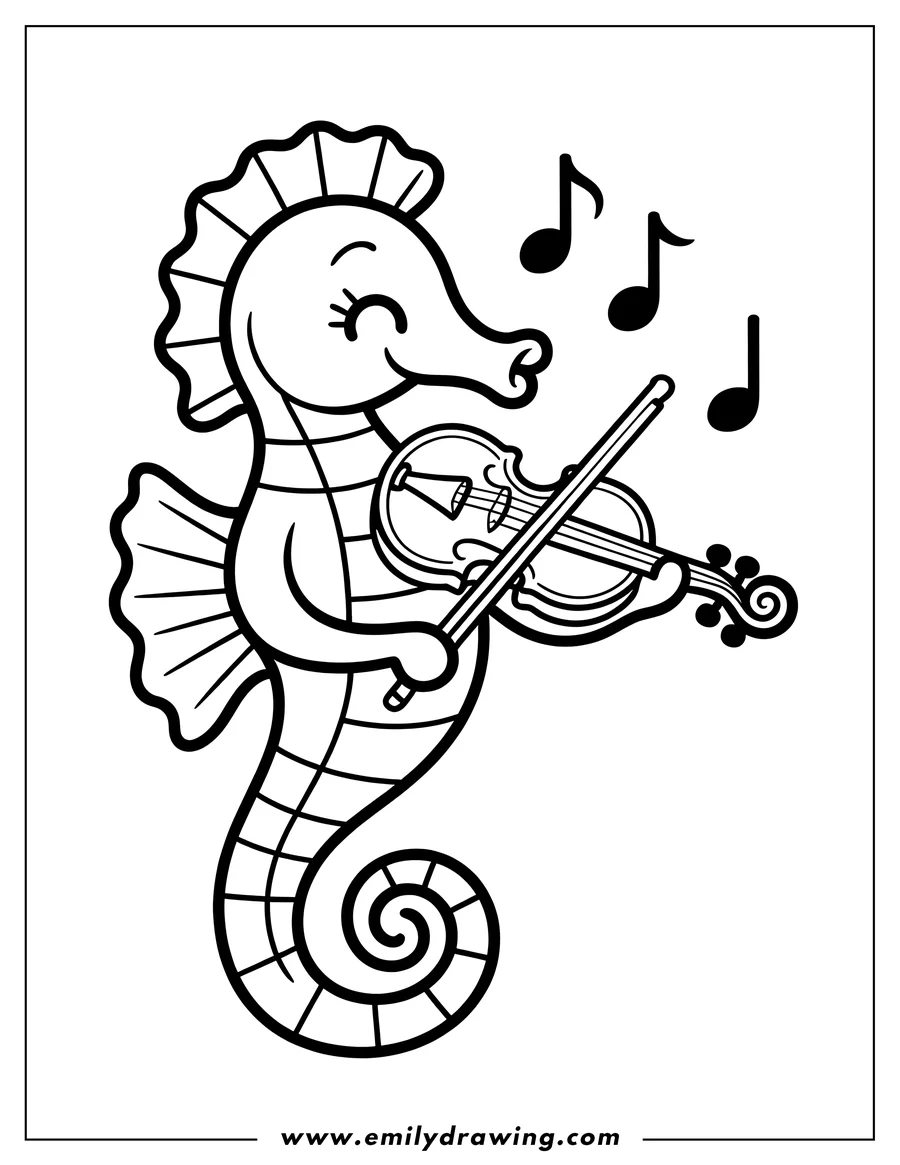 Line art of a seahorse playing the violin with musical notes floating around it.