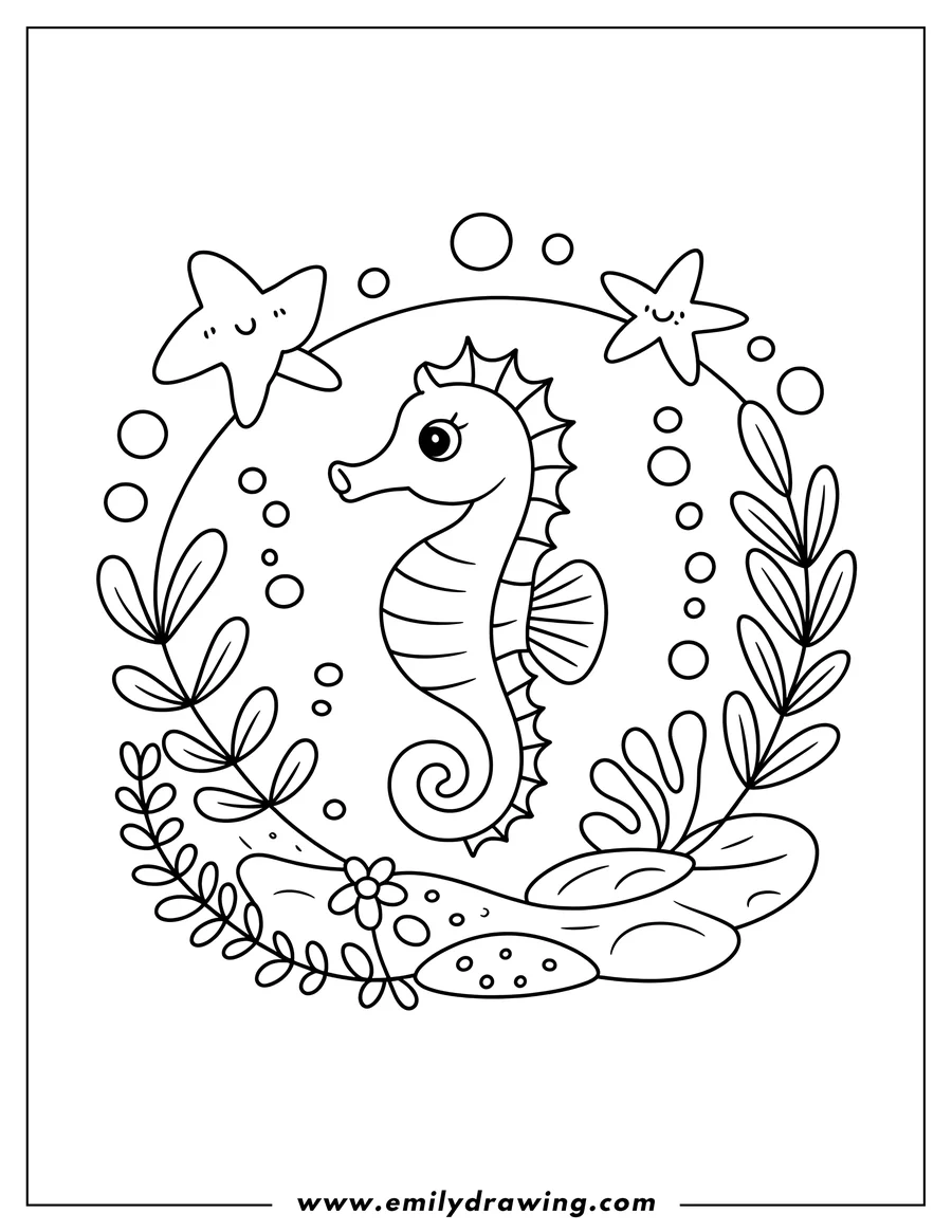 Outline of a seahorse surrounded by smiling starfish, seaweed, and bubbles.