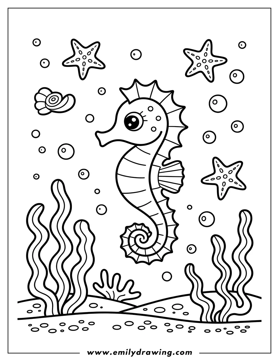 Line art of a seahorse swimming underwater, surrounded by starfish, seaweed, bubbles, and a seashell.