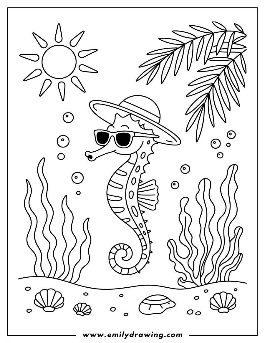Line art of a seahorse wearing sunglasses and a hat, surrounded by seaweed, shells, and bubbles.